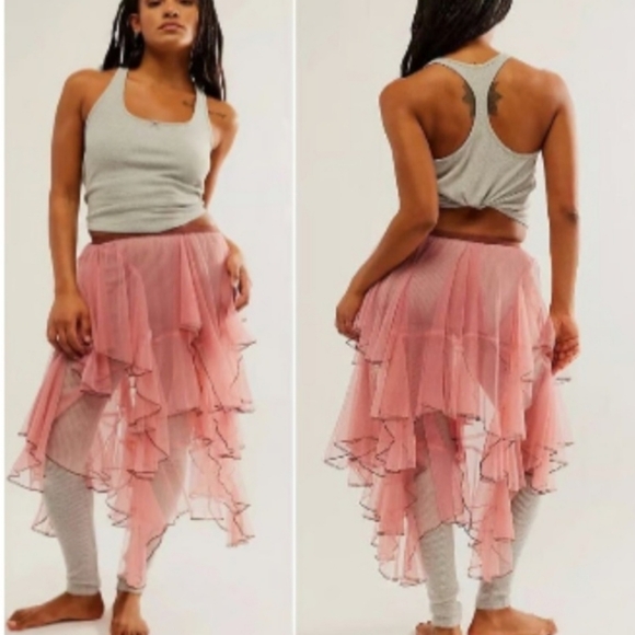 FP ONE Free People Net Godet Half Slip Midi SKIRT L Pink Sheer Tulle… - Picture 1 of 5